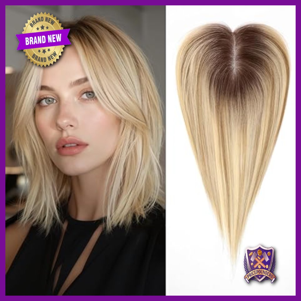 14 Inch Human Hair Topper For Thinning Hair, Hand-Tied Base With Non-Slip Clips
